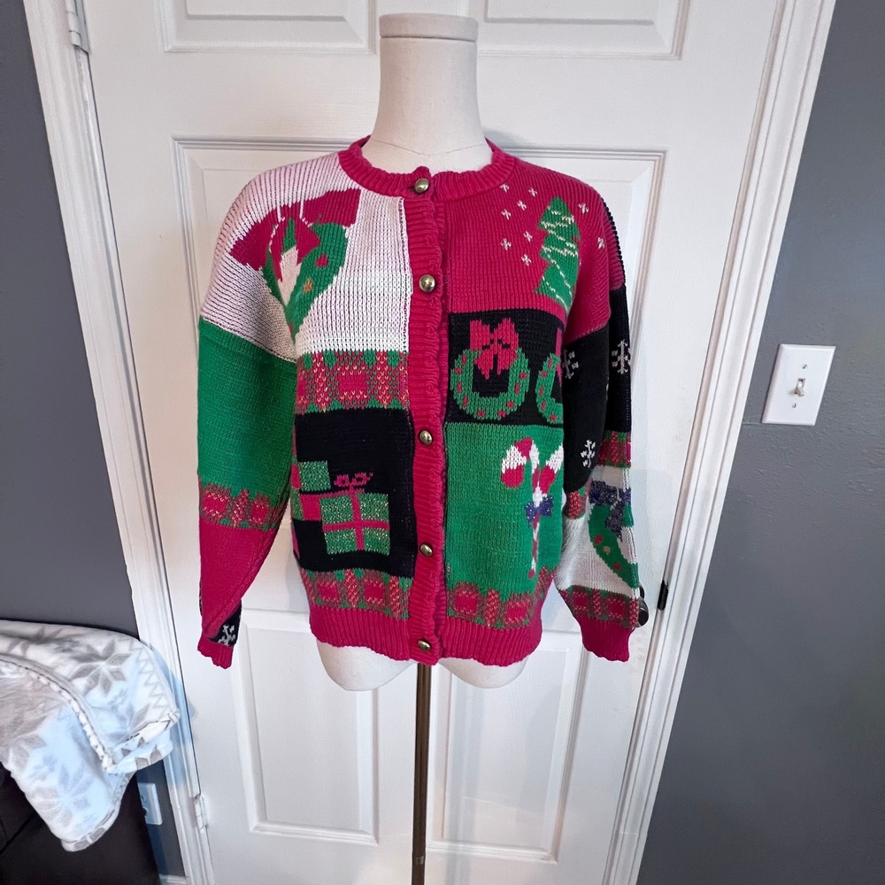 Sweater Loft Vintage Christmas Cardigan Sweater‎ Womens Medium Cotton USA Made